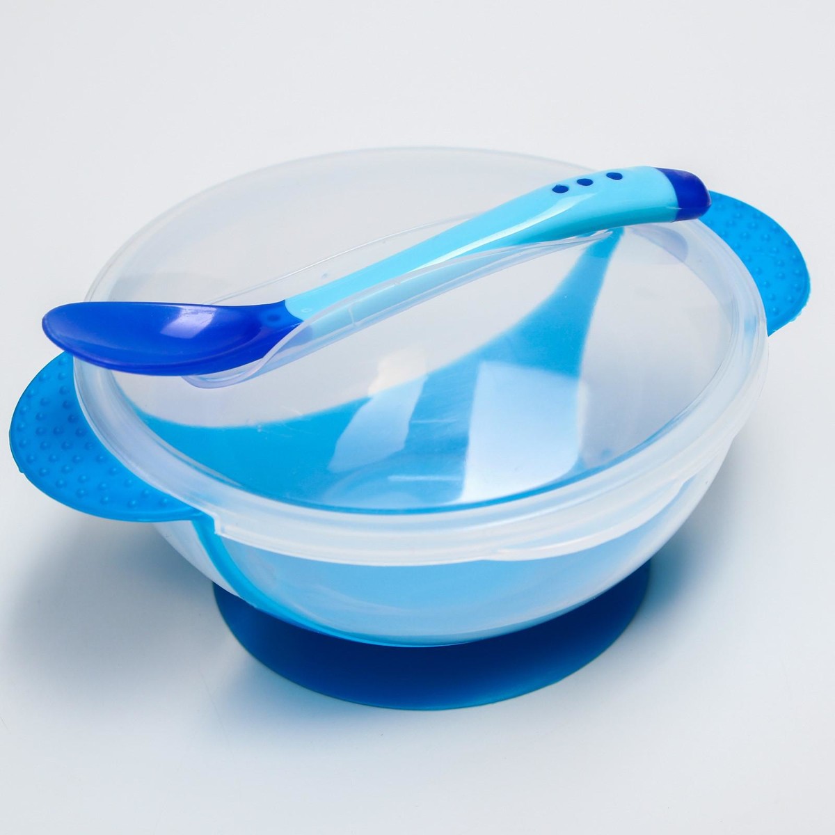фото Набор для кормления, 3 предмета: тарелка на присоске 350 мл, крышка, термоложка, цвет синий крошка я