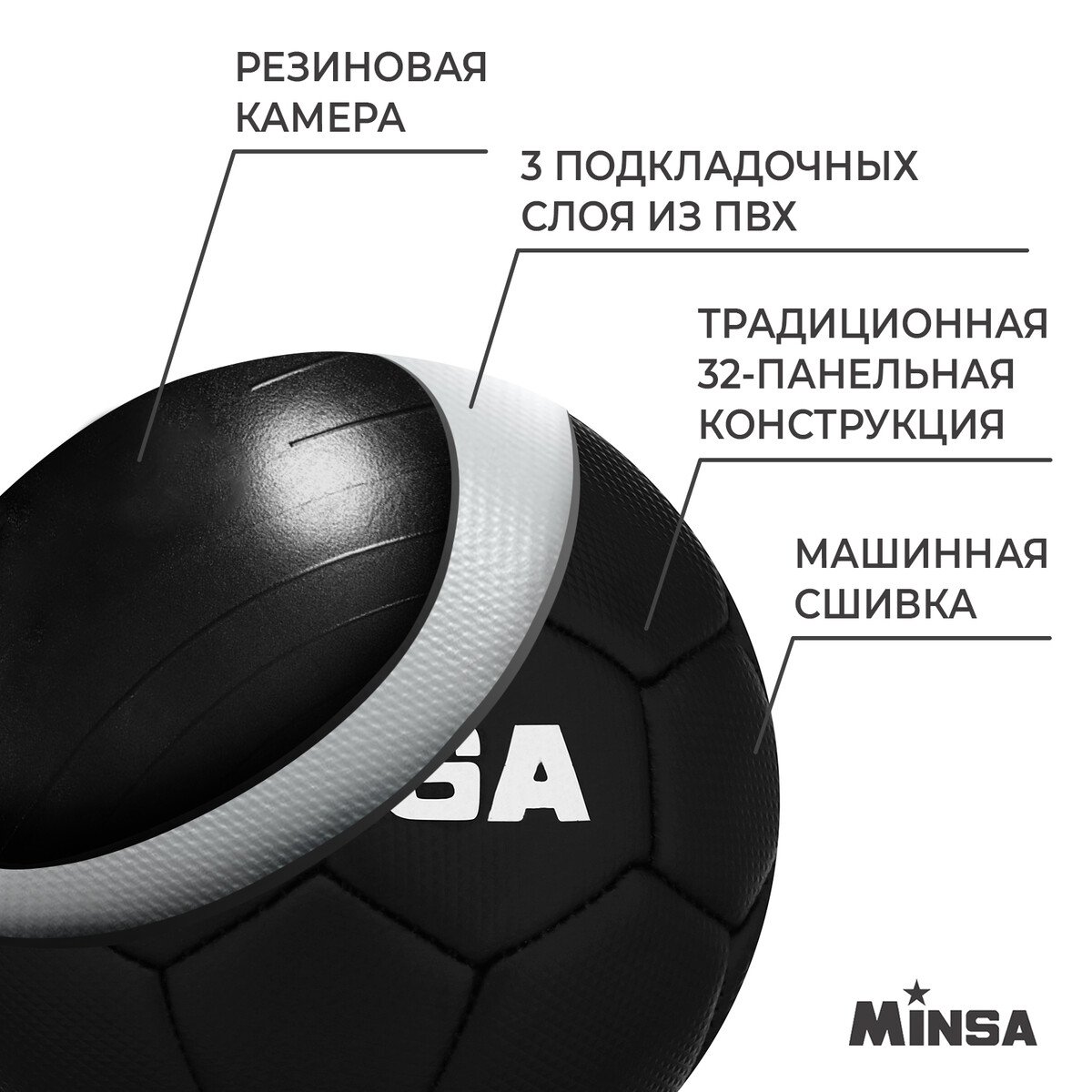 фото Мяч футбольный minsa, пвх, машинная сшивка, 32 панели, р. 2