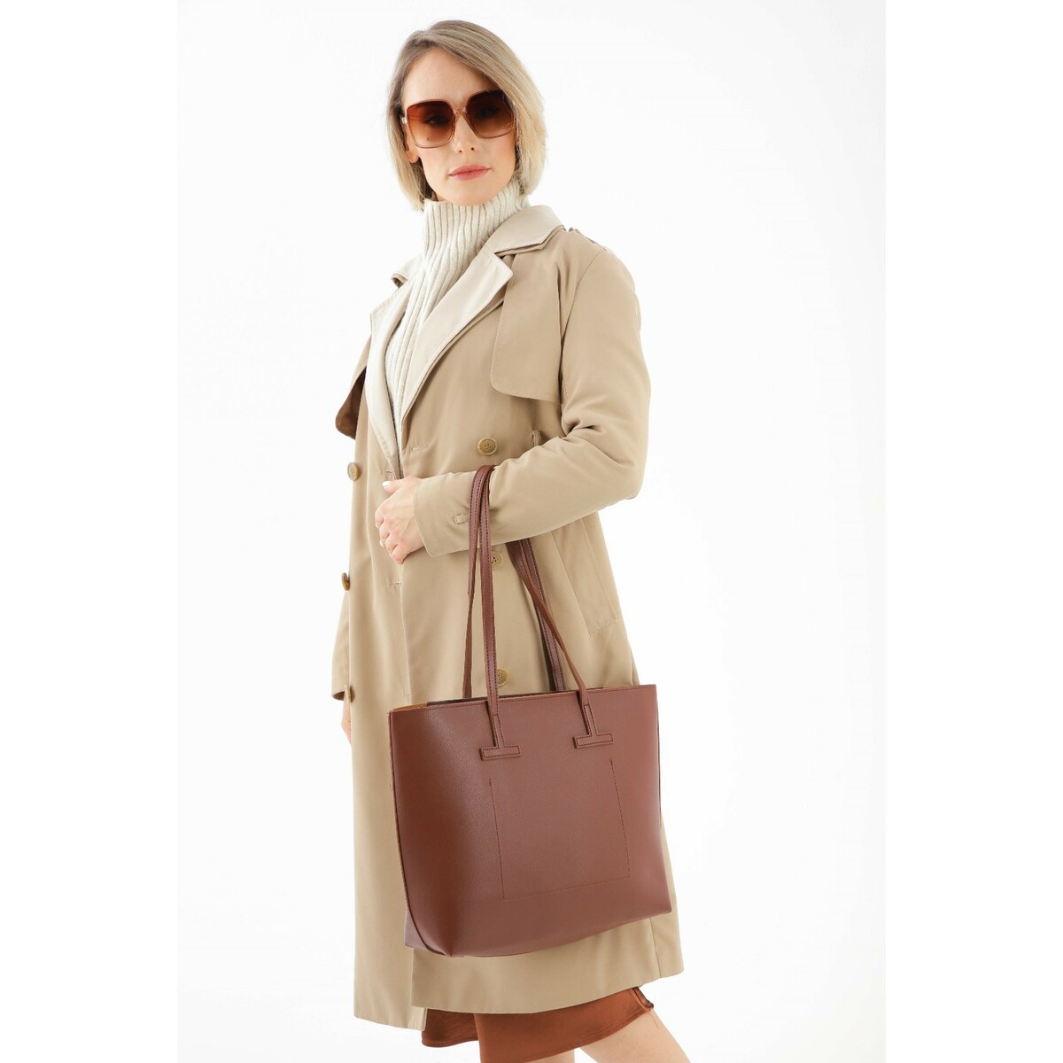 фото Сумка-шопер на молнии, цвет коричневый no brand