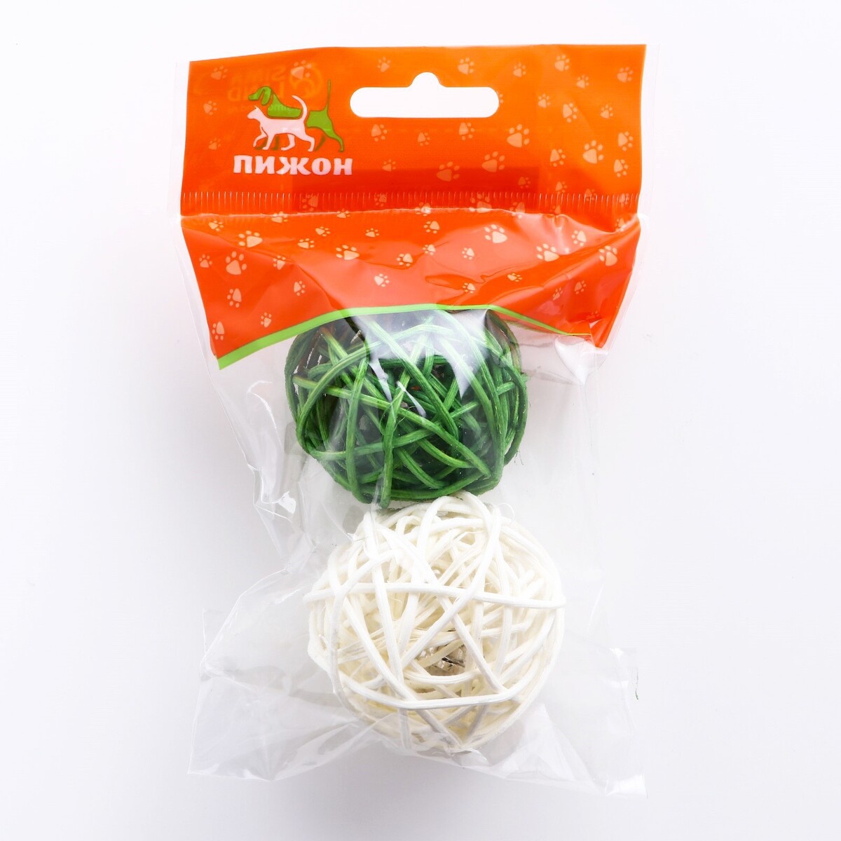 фото Набор из 2 плетеных шариков из лозы с бубенчиком, 5 см, белый/зеленый пижон