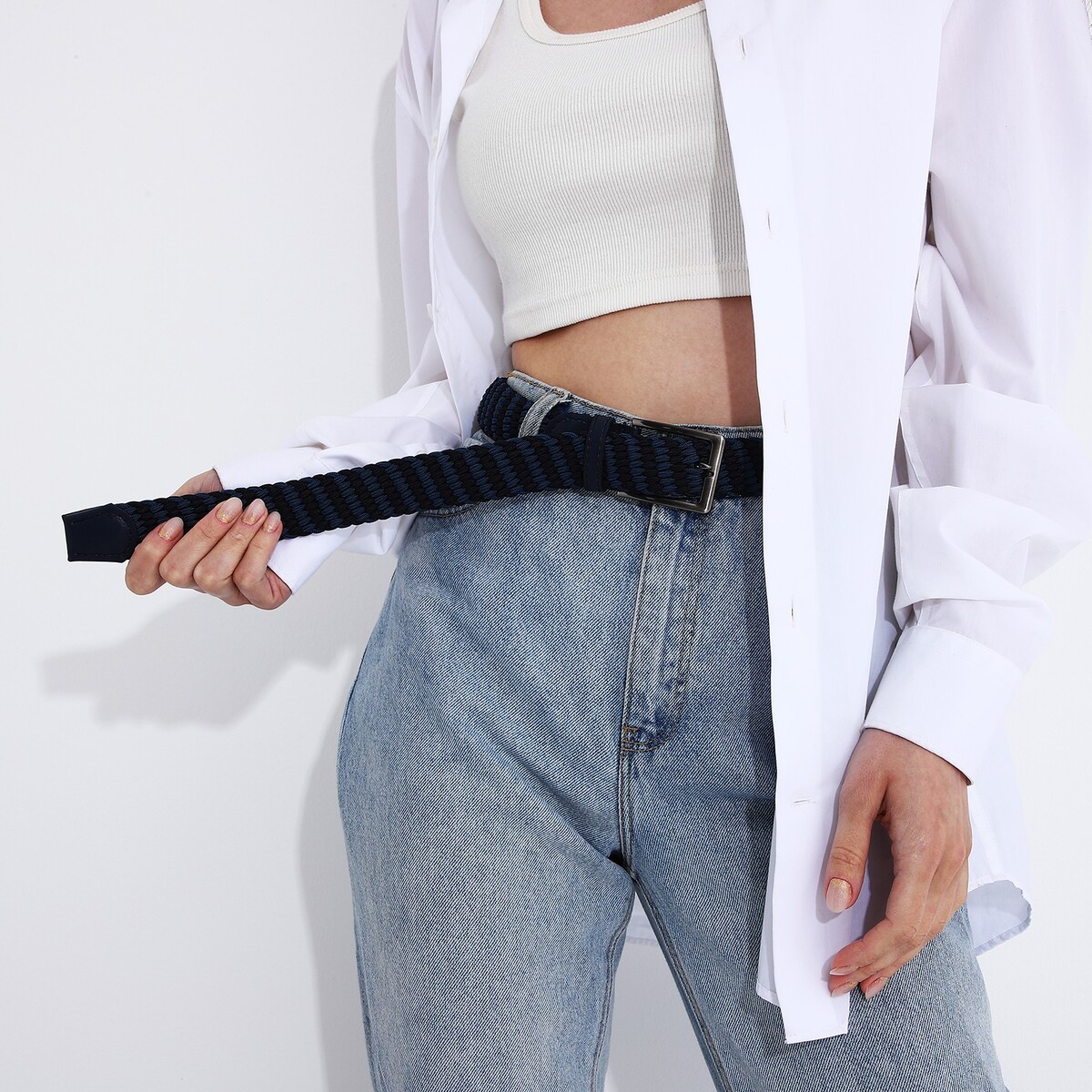 фото Ремень, ширина 3.5 см, резинка, пряжка металл, цвет темно-синий no brand