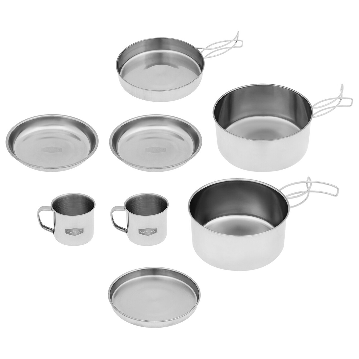 фото Набор посуды maclay, походный: 2 кружки, 2 миски, сковорода, 2 кастрюли, нержавеющая сталь