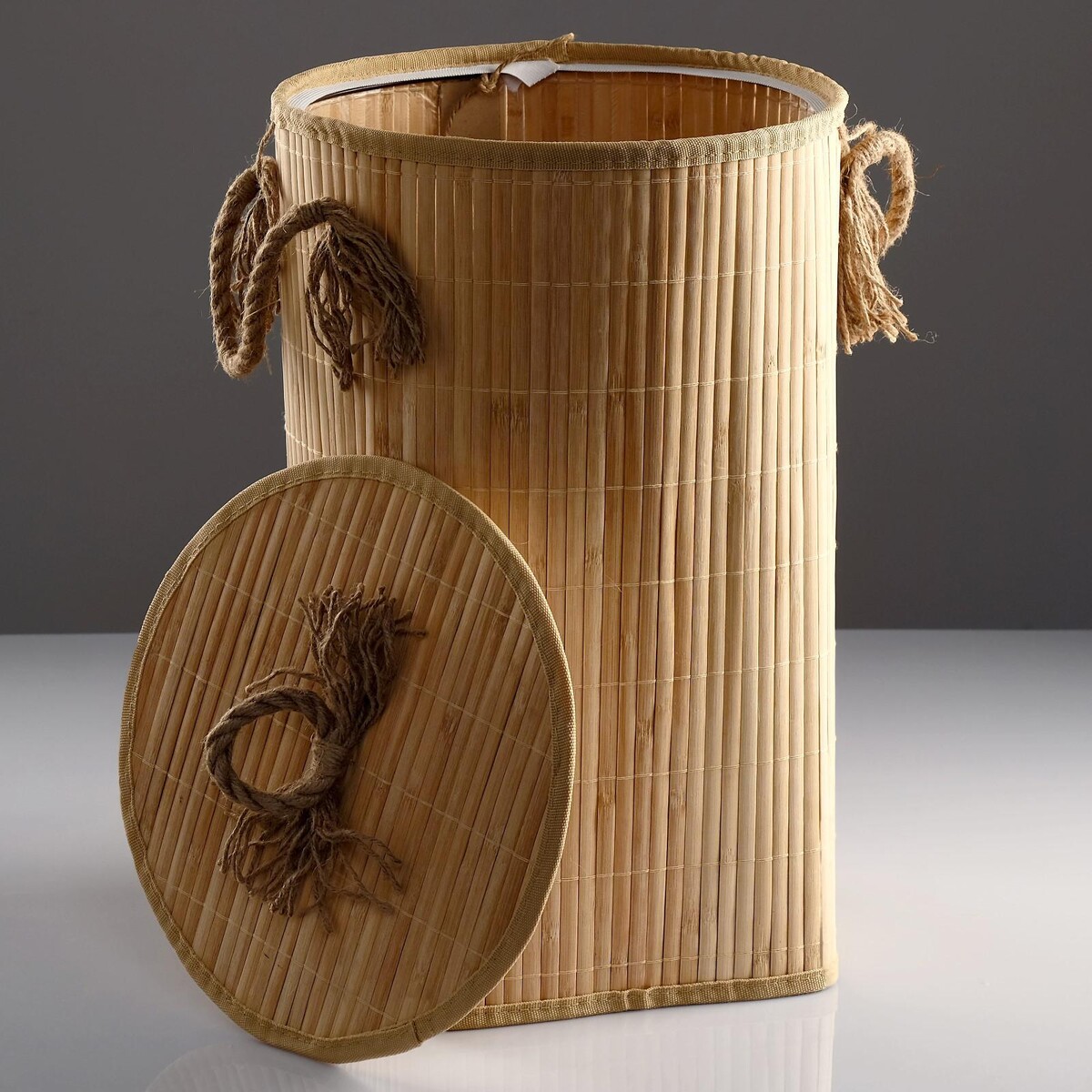 фото Корзина для белья, с крышкой и ручками, складная, 33×50 см, бамбук, джут no brand