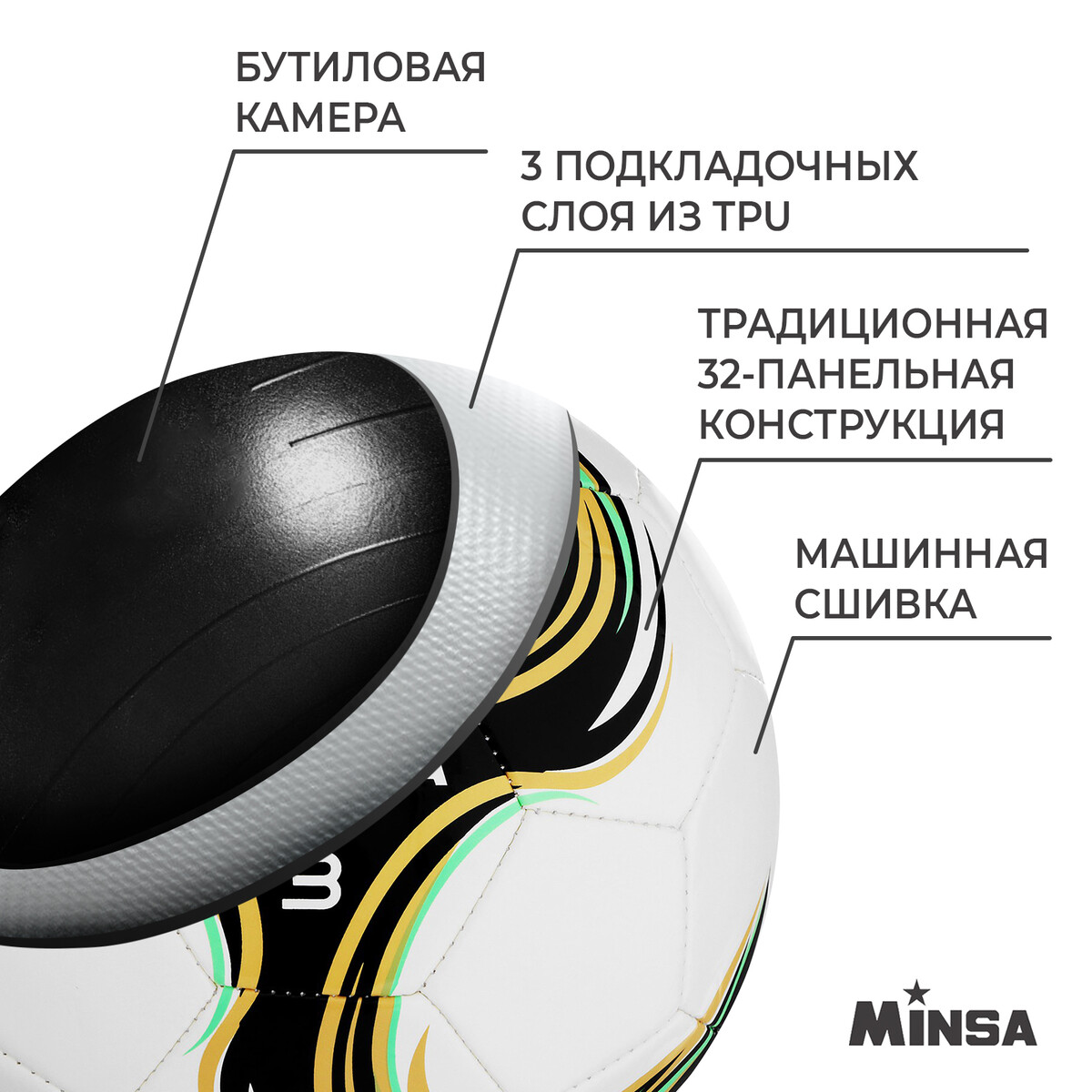 фото Мяч футбольный minsa spin, tpu, машинная сшивка, 32 панели, р. 3