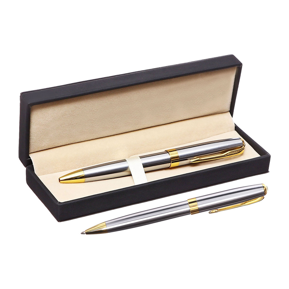 Ручка подарочная шариковая, в кожзам футляре, поворотная, корпус серебро/золото, Серебристый
