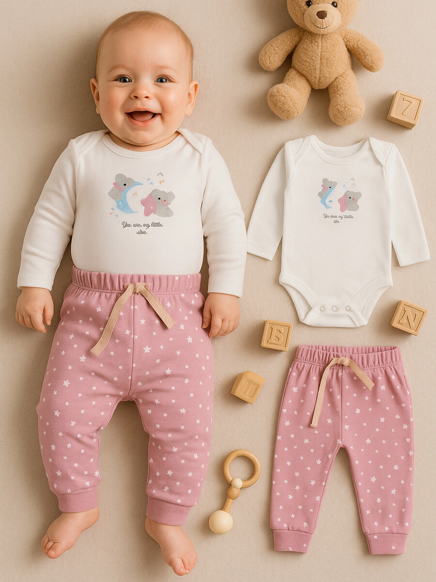 Комплект детский: боди и ползунки, Белый;розовый;белый +звезды на кристальной розе
Комплект детский: боди и ползунки, Белый;розовый;белый +звезды на кристальной розе