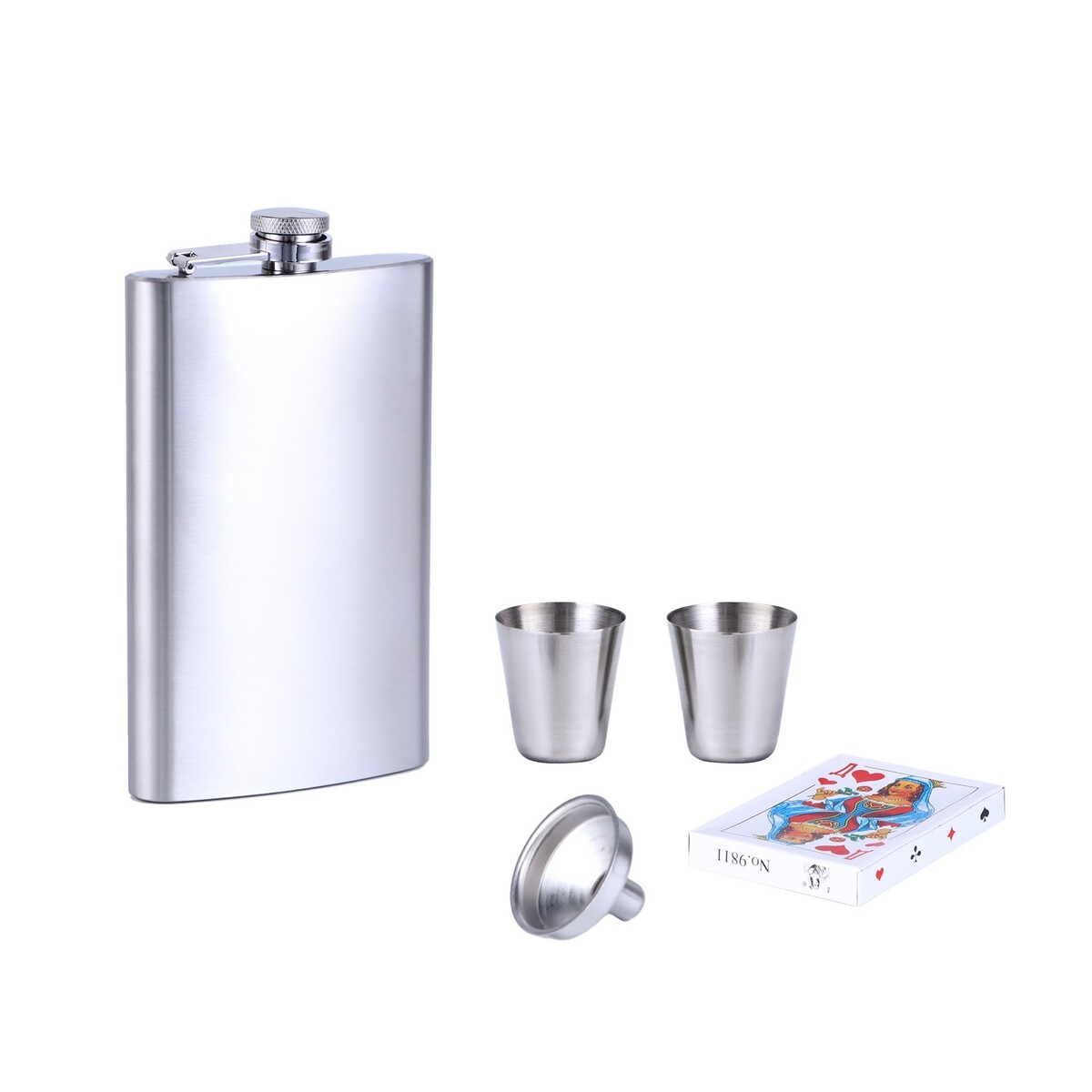 Подарочный набор 5 в 1, фляжка 300 мл, рюмки 30 мл, воронка 2.5×3.5 см, карты 54 шт., металл, пластик, Серебристый
Подарочный набор 5 в 1, фляжка 300 мл, рюмки 30 мл, воронка 2.5×3.5 см, карты 54 шт., металл, пластик, Серебристый