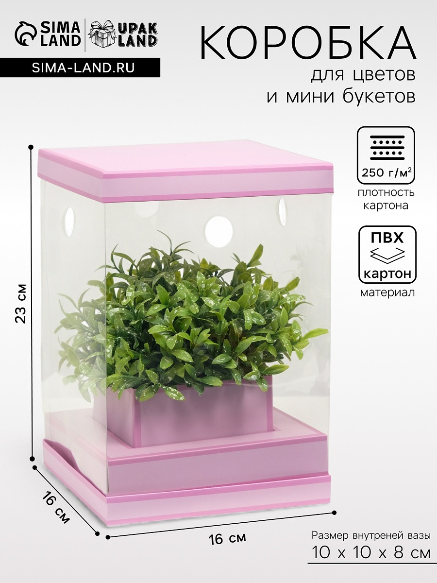 Коробка для цветов с вазой и pvc окнами складная, сиреневый, 16×23×16 см
Коробка для цветов с вазой и pvc окнами складная, сиреневый, 16×23×16 см
