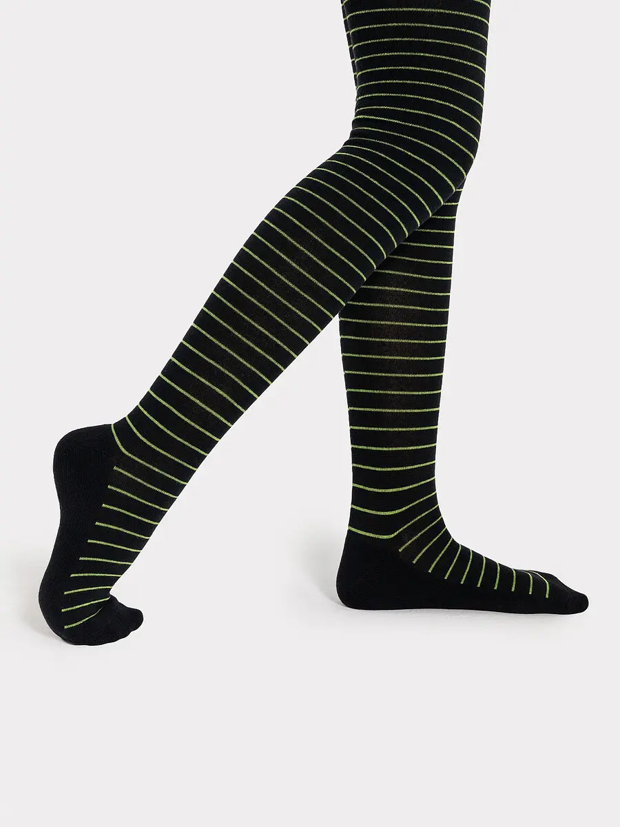 Колготы для девочек с махровой стопой черные в полоску, Черный
Колготы для девочек с махровой стопой черные в полоску, Черный