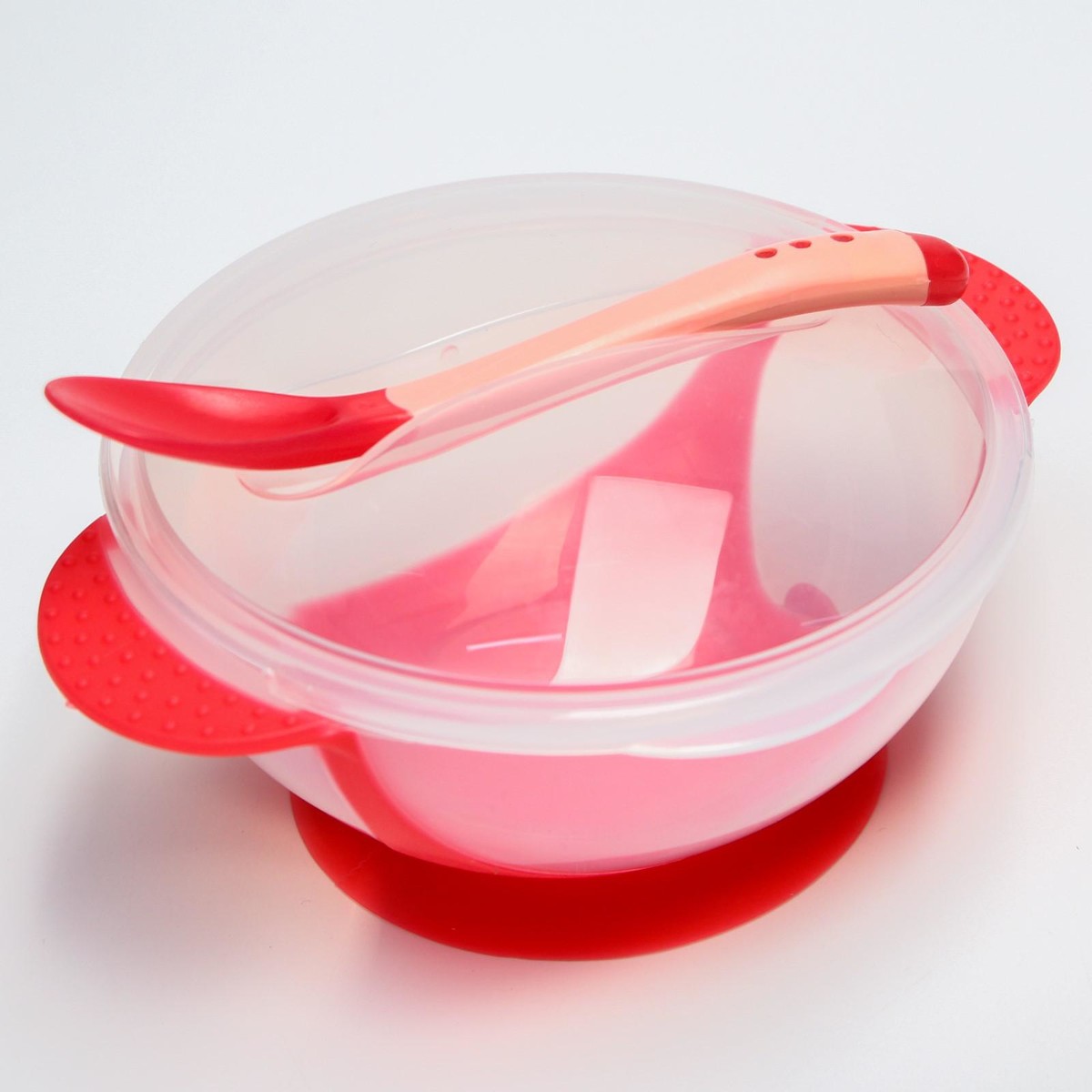 Набор для кормления: миска на присоске 340 мл., с крышкой, термоложка, цвет красно-бежевый миска с крышкой 24 см муово gefu