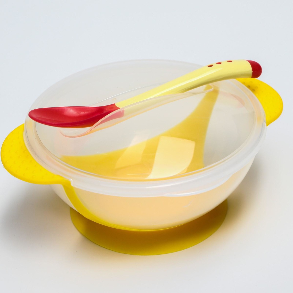 Набор для кормления, 3 предмета: миска 350 мл на присоске, крышка, термоложка, цвет желтый набор детской посуды миска на присоске 340мл с крышкой термоложка розовый