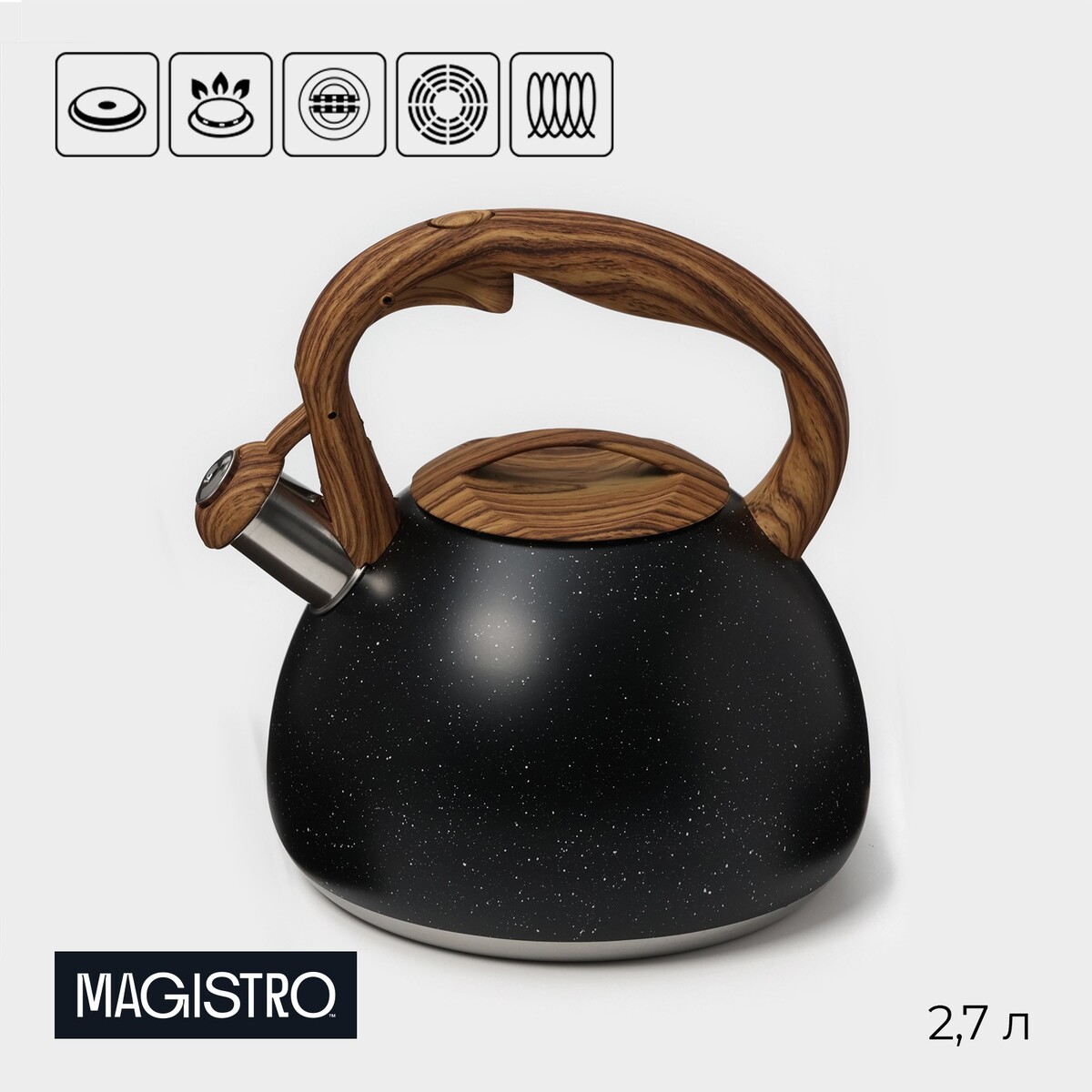 

Чайник со свистком из нержавеющей стали magistro stone, 2,7 л, ручка soft-touch, индукция, цвет черный