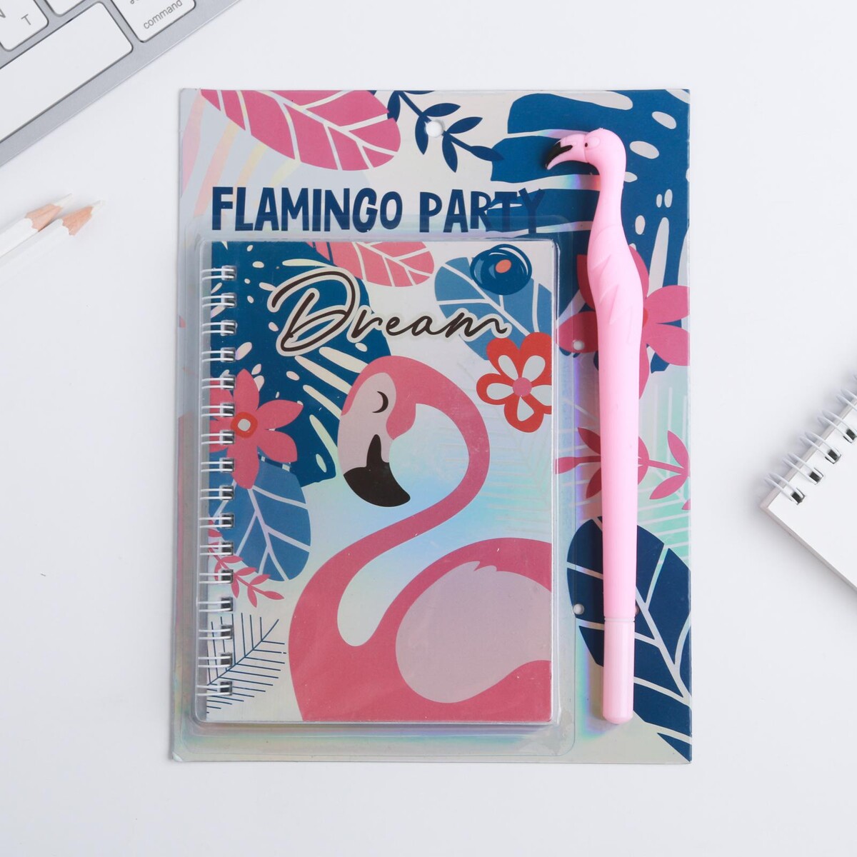 

Ежедневник голография и ручка flamingo party, 40 листов