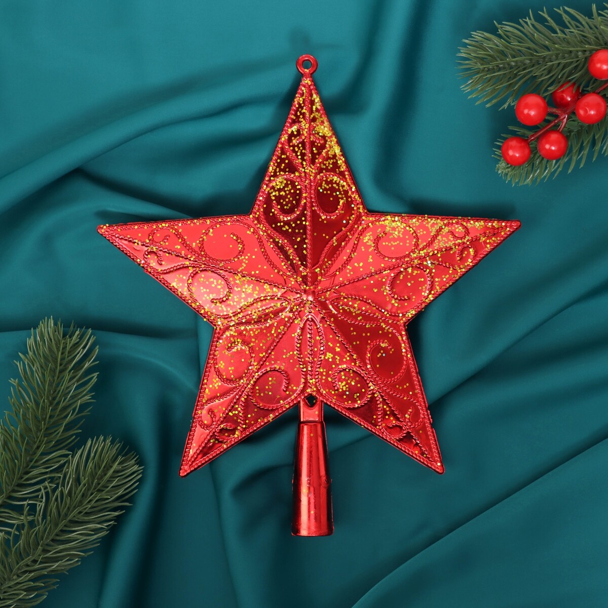 

Звезда на елку (верхушка) завитки с блестками, 20.5×23 см, желто-красный