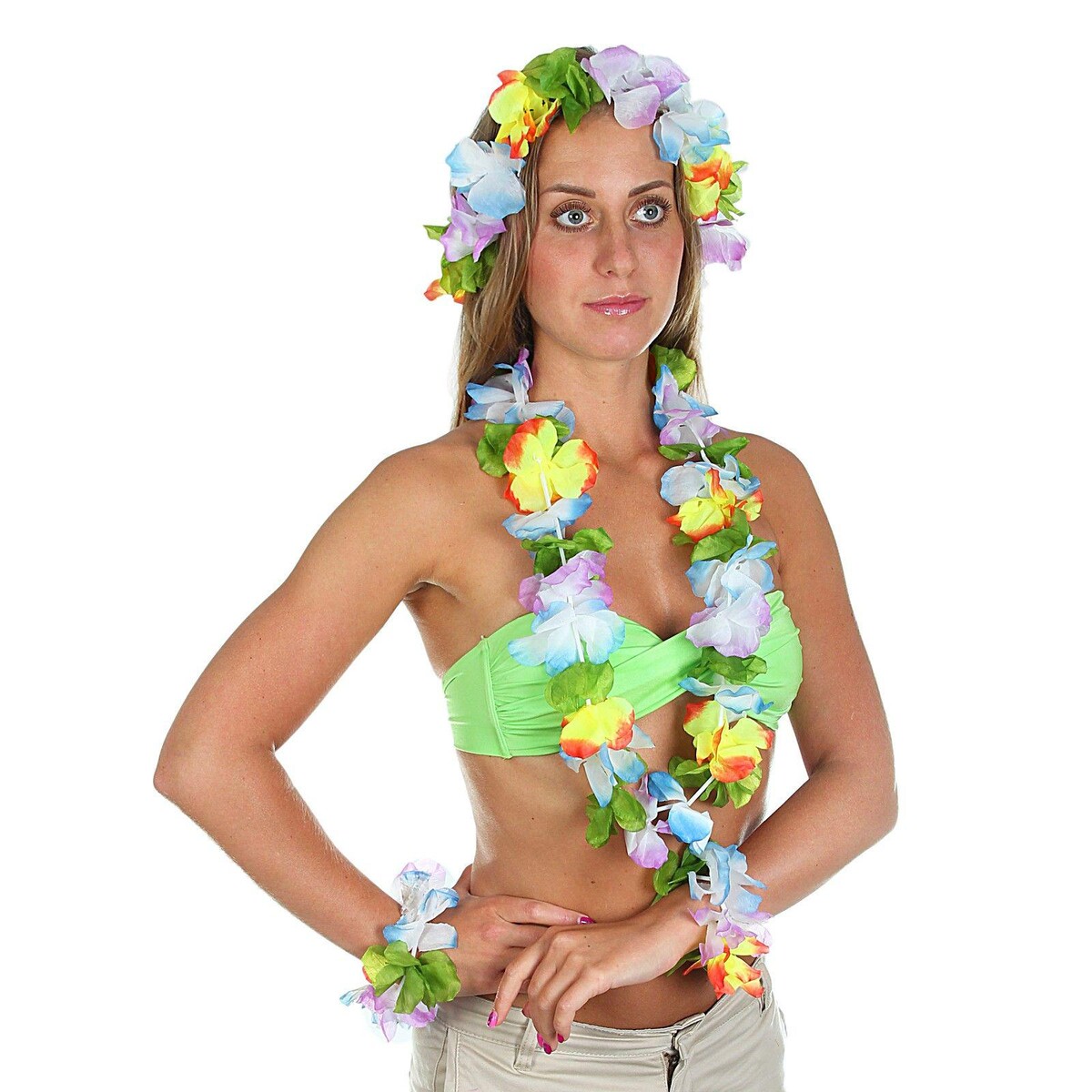 Набор гавайская тема 4 в 1: ожерелье, венок, 2 браслета, многоцветные цветы неформат запретная тема