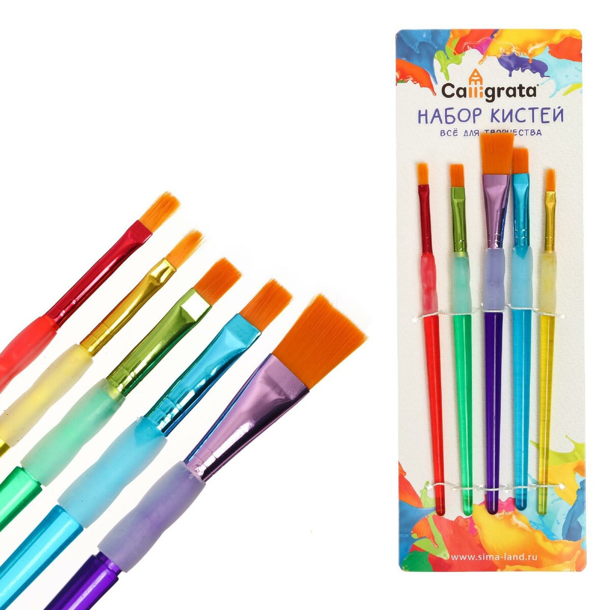 фото Набор кистей нейлон 5 штук, плоские, с цветными ручками, с резиновыми держателями calligrata
