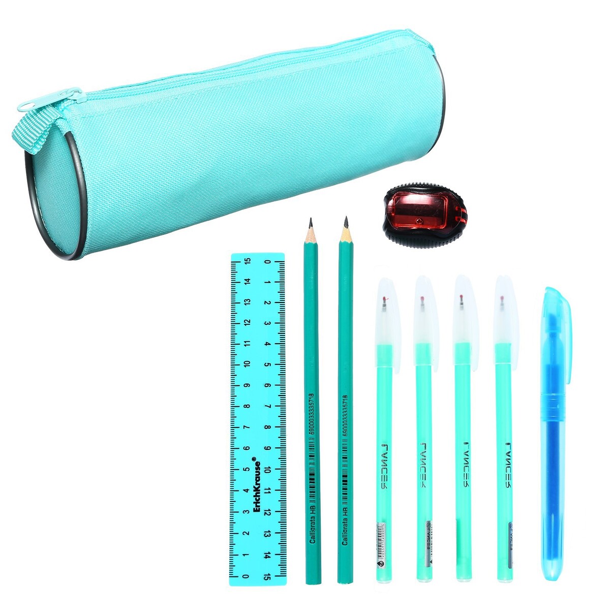 Набор канцелярский 10 предметов (пенал-тубус 65 х 210 мм, ручки 4 штуки цвет синий , линейка 15 см, точилка, карандаш 2 штуки, текстовыделитель), бирюзовый подарочный набор мишка погремушки на ручки и ножки