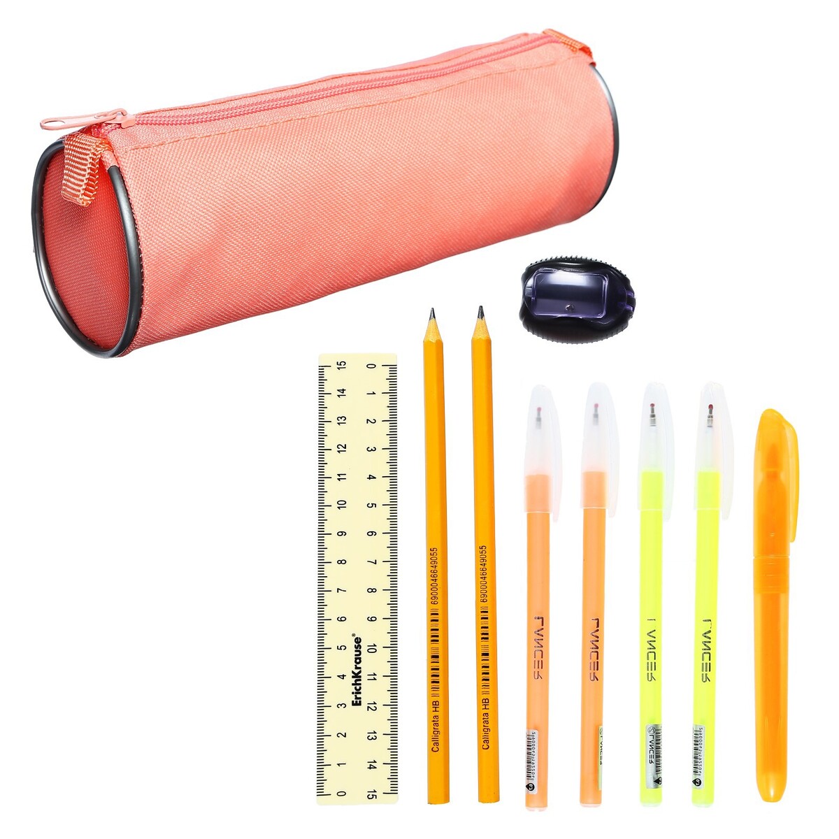 Набор канцелярский 10 предметов (пенал-тубус 65 х 210 мм, ручки 4 штуки цвет синий , линейка 15 см, точилка, карандаш 2 штуки, текстовыделитель), персиковый точилка milan