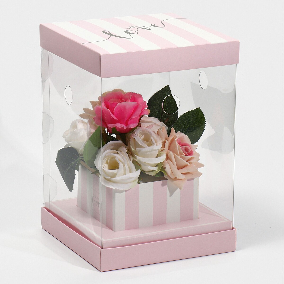 Коробка подарочная для цветов с вазой и pvc окнами складная, упаковка, коробка для ов с вазой и pvc окнами складная 23 х 30 х 23 см белый