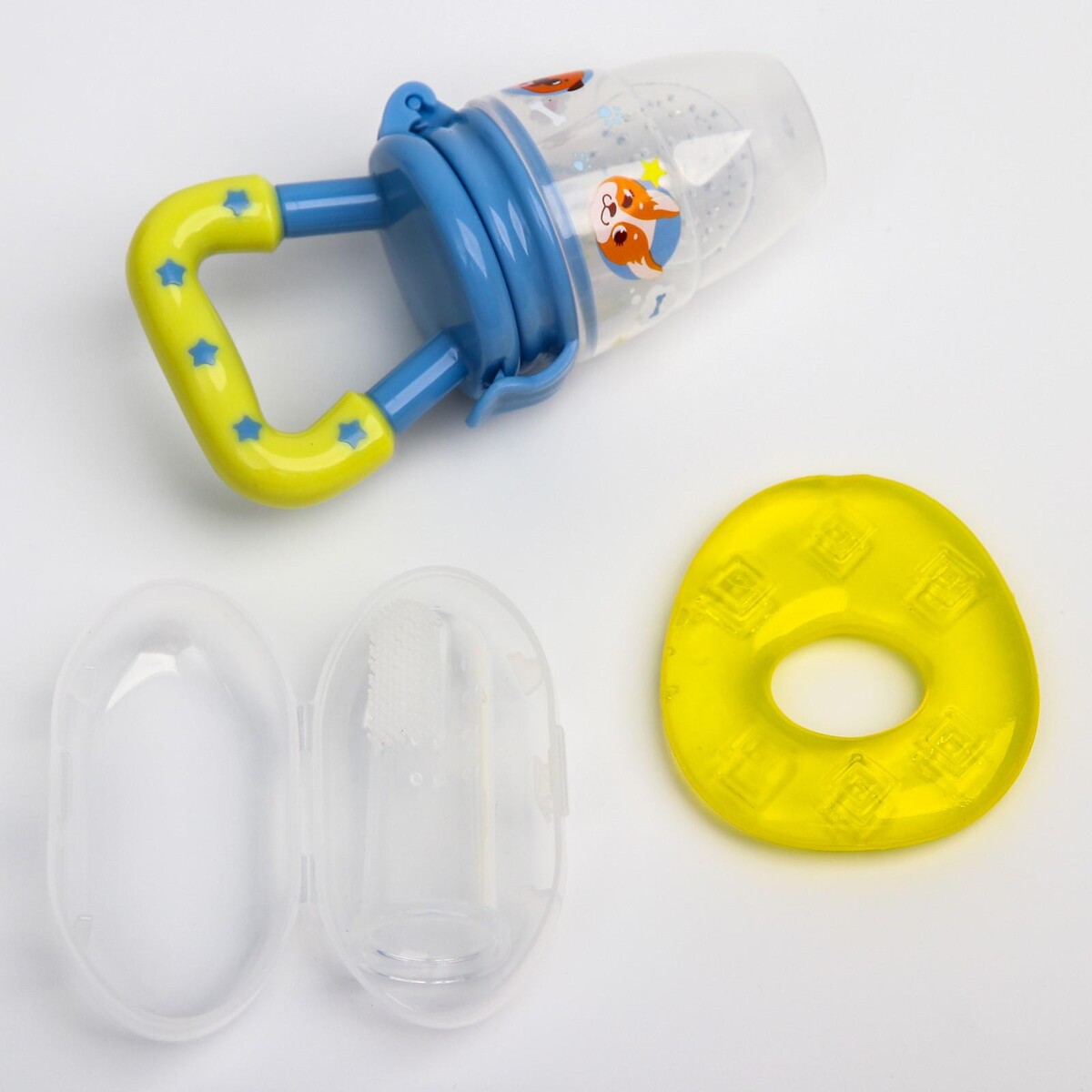 Набор: ниблер для прикорма с силиконовой сеточкой + силиконовая зубная щетка на палец в контейнере + силиконовый прорезыватель Mum&Baby