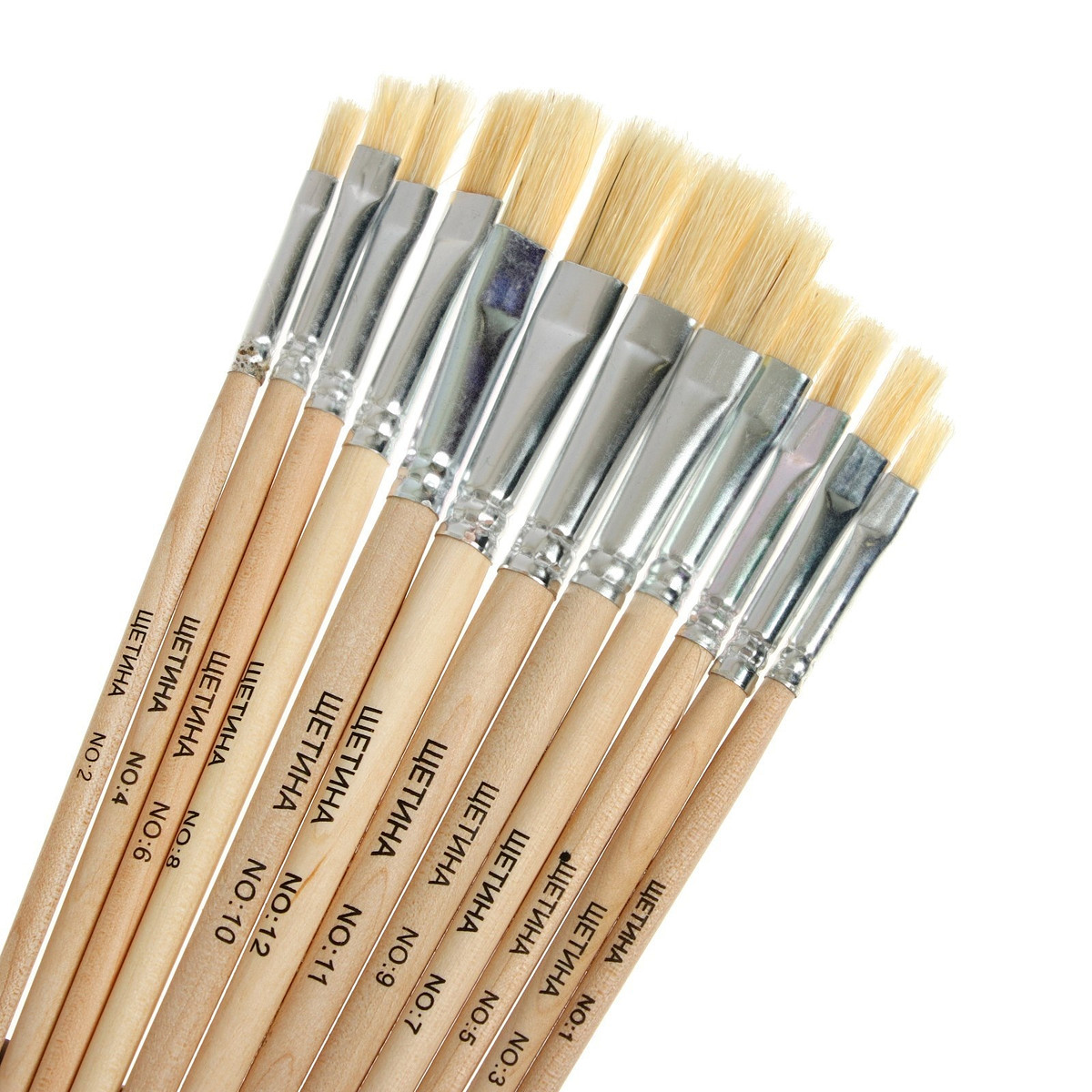 

Набор кистей для рисования, щетина, 12 штук: № 1, 2, 3, 4, 5, 6, 7, 8, 9, 10, 11, 12, плоские, деревянная ручка, международный размер