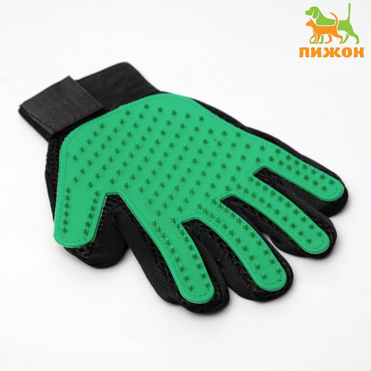 Перчатка - щетка для шерсти на правую руку с удлиненными зубчиками, зеленая