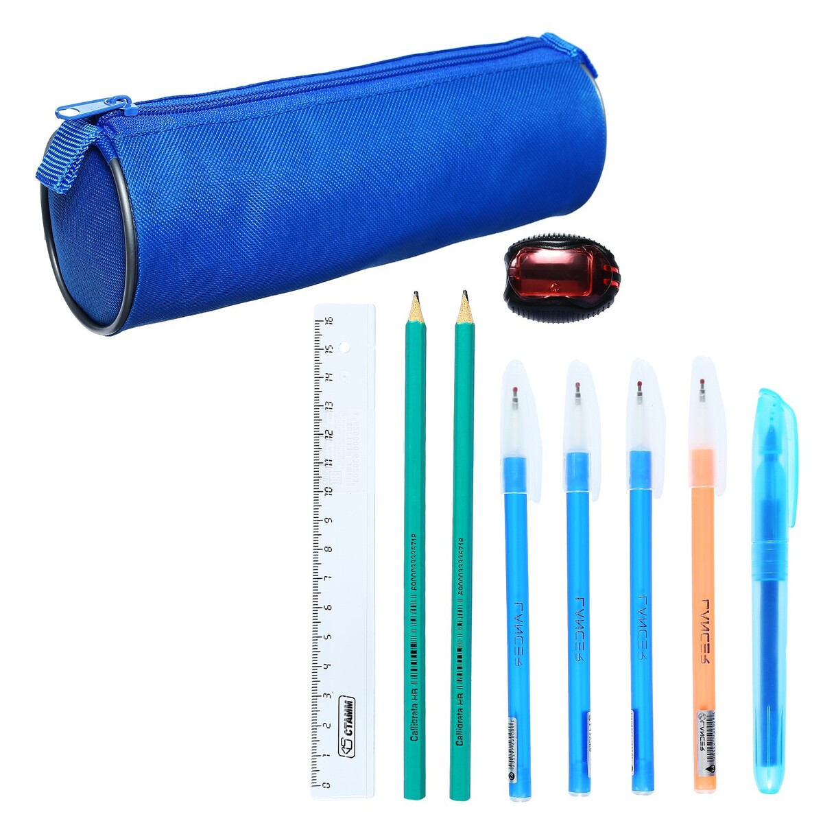 Набор канцелярский 10 предметов (пенал-тубус 65 х 210 мм, ручки 4 штуки цвет синий , линейка 15 см, точилка, карандаш 2 штуки, текстовыделитель), синий карандаш ч гр милитари синий