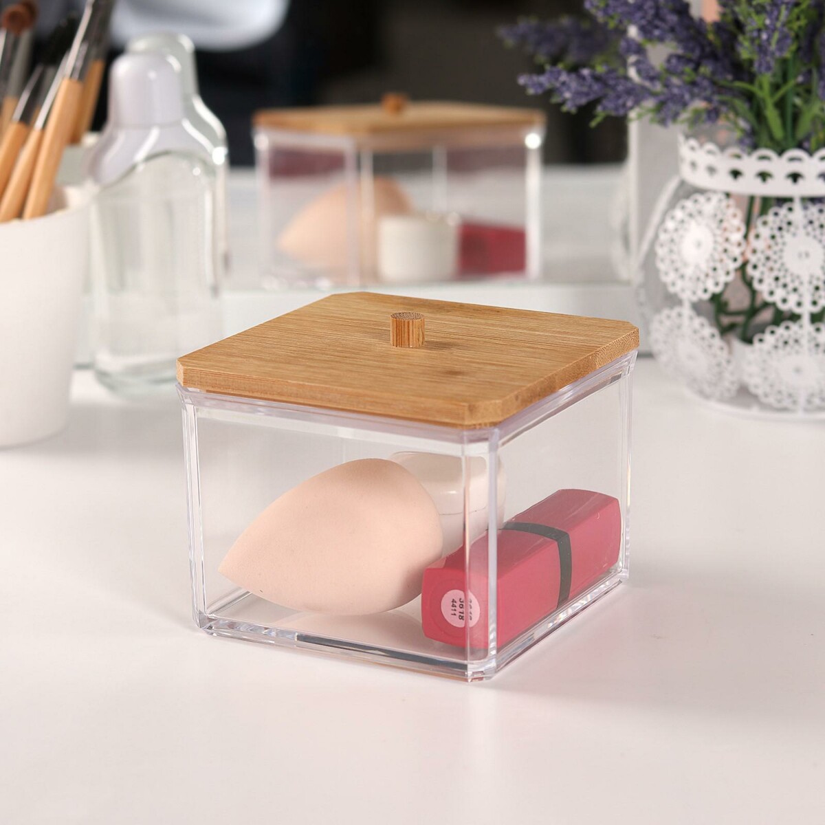 Органайзер для хранения, с крышкой, 9,5 × 9,5 × 7,5 см, в картонной коробке, цвет прозрачный/коричневый