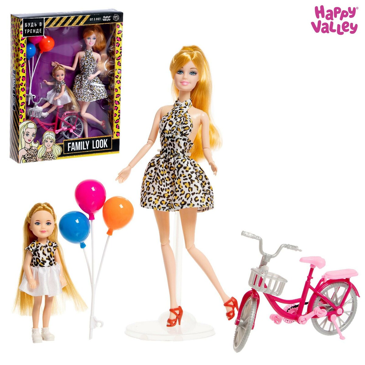 Кукла-модель с дочкой family look на велосипеде, леопард кукла модель шарнирная с дочкой family look на велосипеде