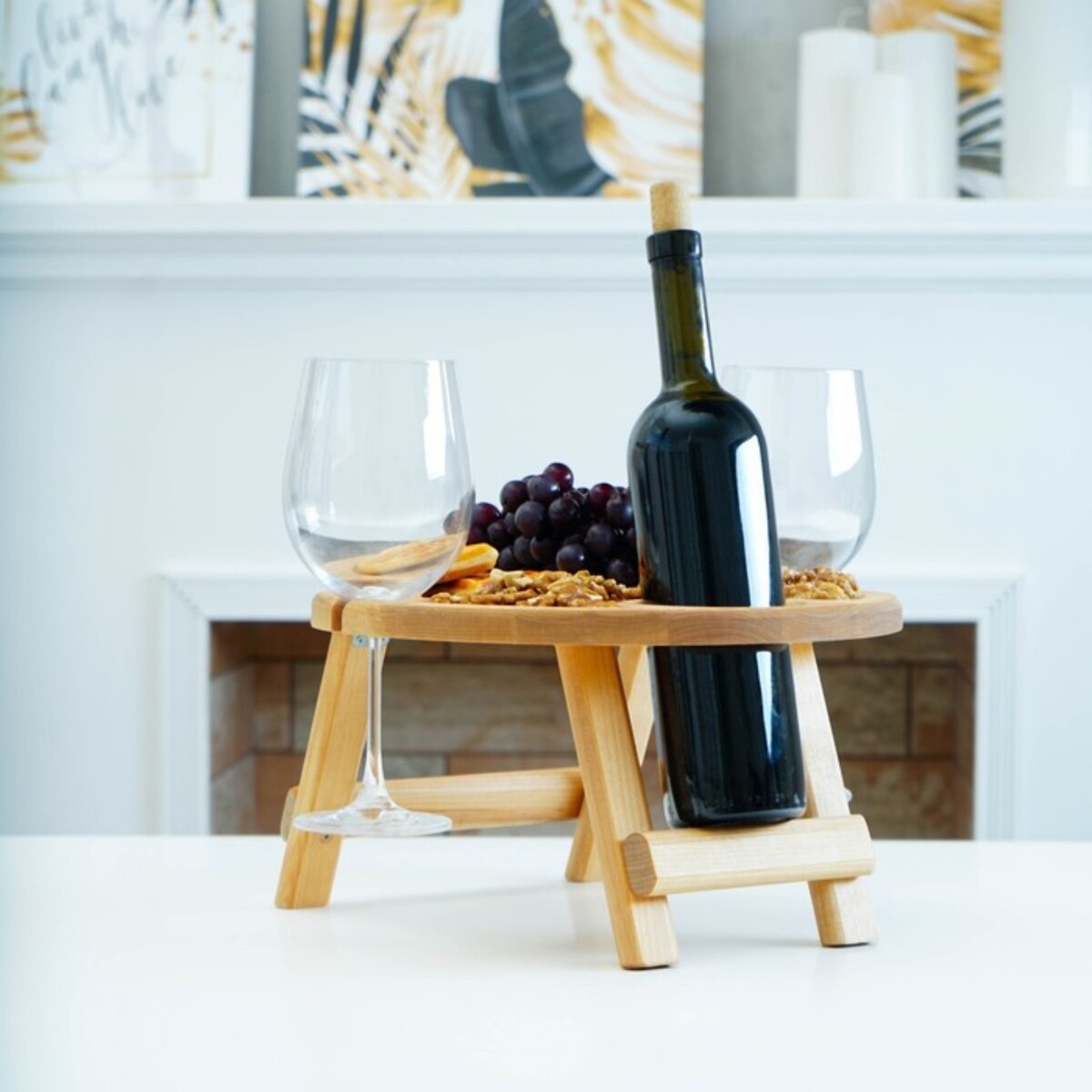 фото Столик - поднос для вина adelica, с менажницей и складными ножками, на 2 персоны, d=32×1,8 см, береза