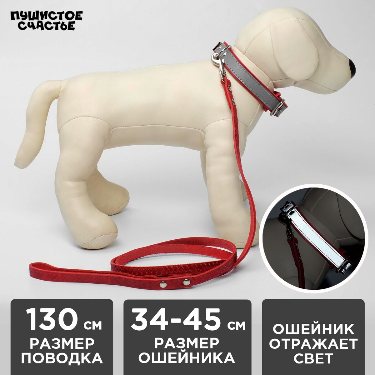 

Комплект ошейник (34-45х2 см) светоотражающий и поводок (130х1 см), красный