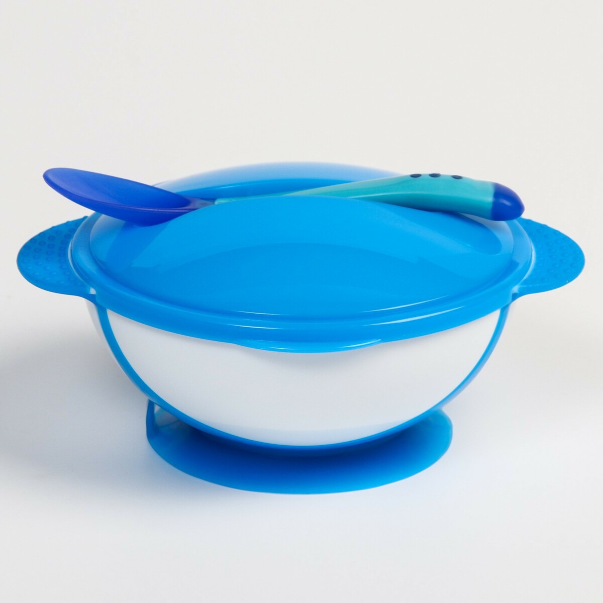Набор для кормления: миска на присоске 340 мл., с крышкой, термоложка, цвет синий набор детской посуды миска на присоске 340мл с крышкой термоложка розовый