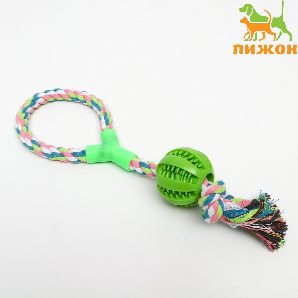 Игрушка канатная с ручкой и мячом, 38 см, до 160 г, зеленая игрушка канатная плетеная с ручкой до 38 см до 180 г шар 7 см красная