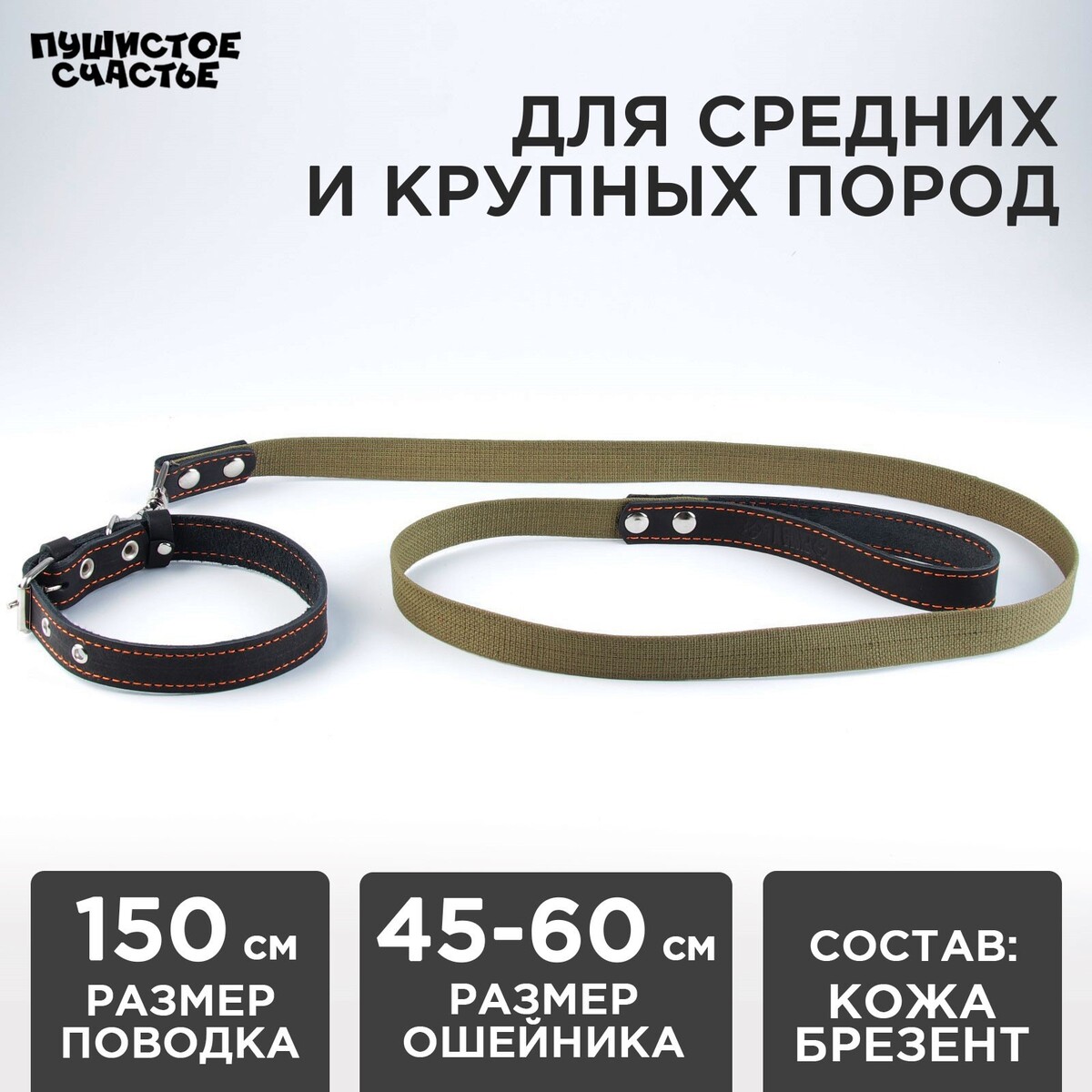 

Комплект : ошейник (45-60х2.5 см) кожаный и поводок (150х2.5 см) брезентовый, цвет черный