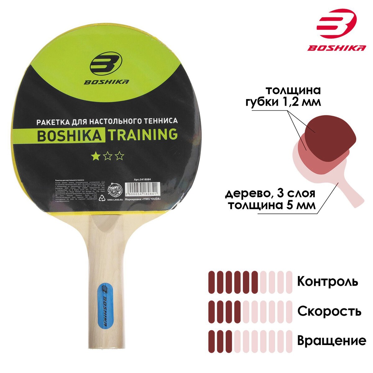 Ракетка для настольного тенниса boshika training, 1 звезда ракетка для настольного тенниса boshika training 1 звезда