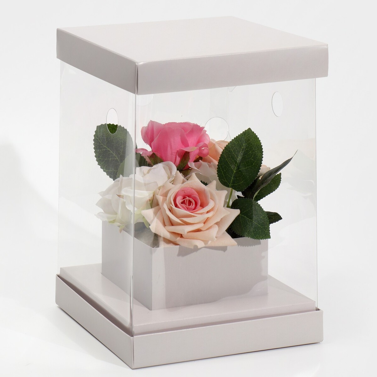 Коробка подарочная для цветов с вазой и pvc окнами складная, упаковка, коробка для ов с вазой и pvc окнами складная сиреневый 16 х 23 х 16 см