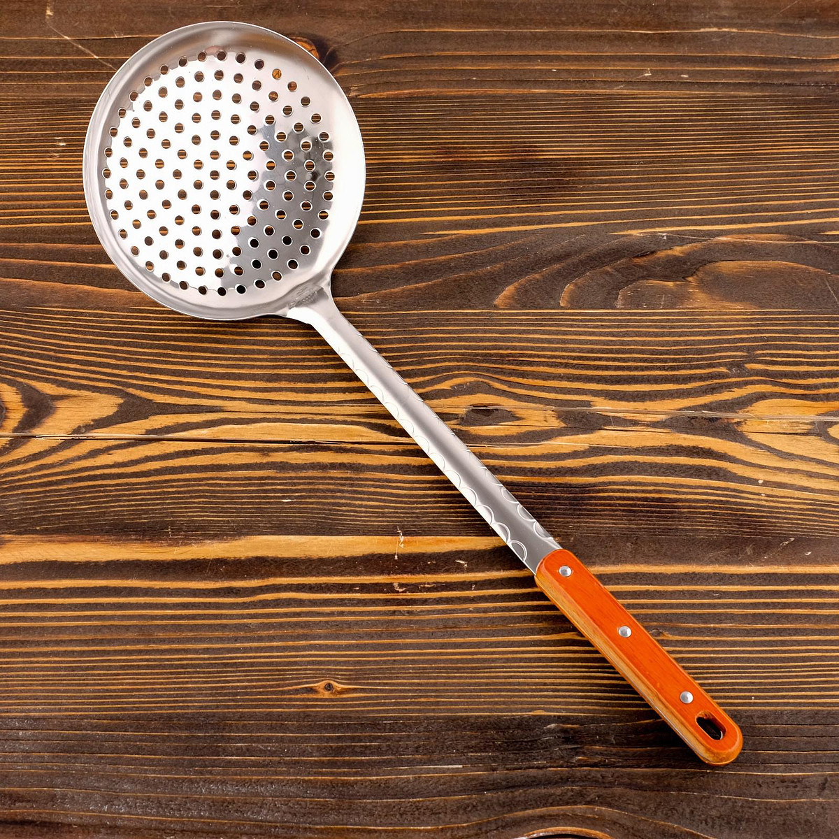 

Шумовка для казана шафран, 43 см, диаметр 16 см, узбекская, с деревянной ручкой, металл, Серебристый;коричневый