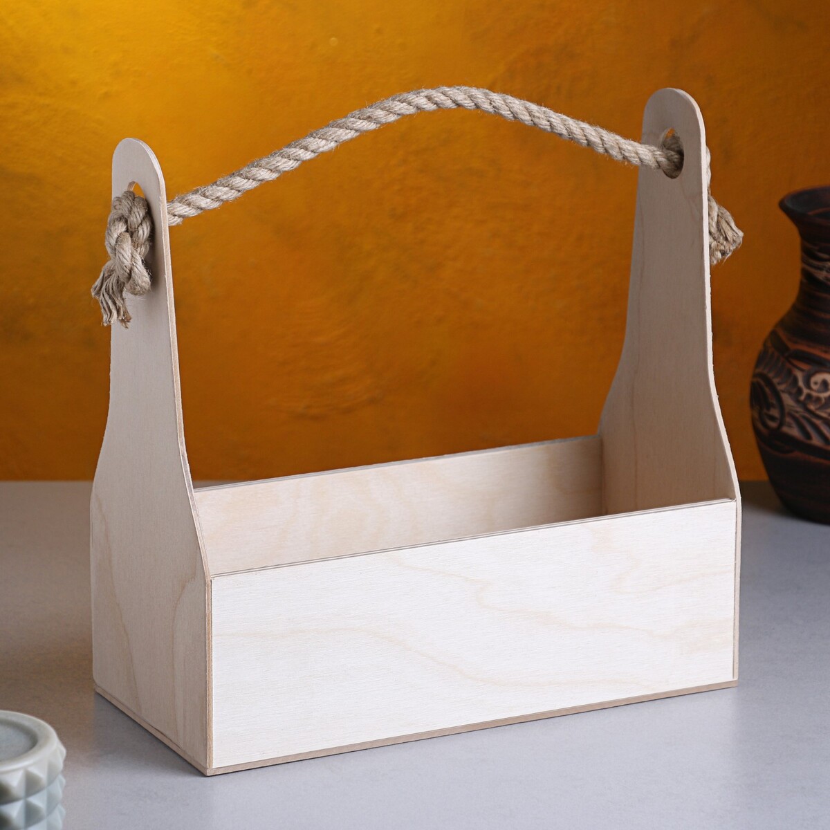 Кашпо деревянное 24×11×20 см стелла моно, ручка веревка, натуральный веревка сизалевая 6 мм 10м