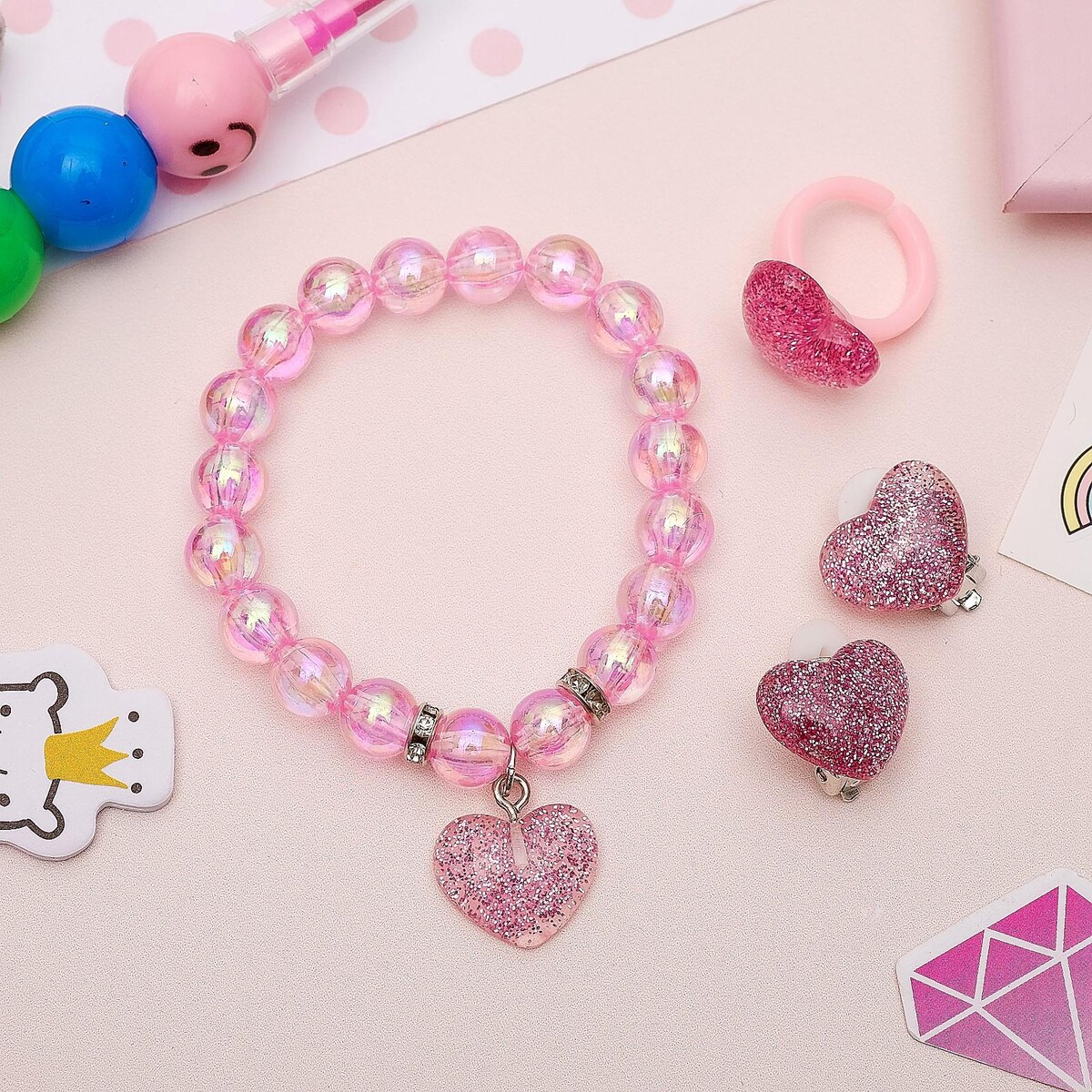 Набор детский 3 предмета: клипсы, браслет, кольцо, сердечки, цвет светло-розовый No brand