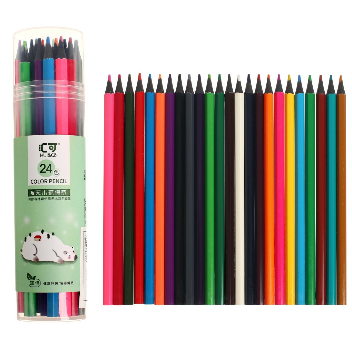 Карандаши 24 цвета в тубусе, корпус шестигранный,пластиковый, черное основание