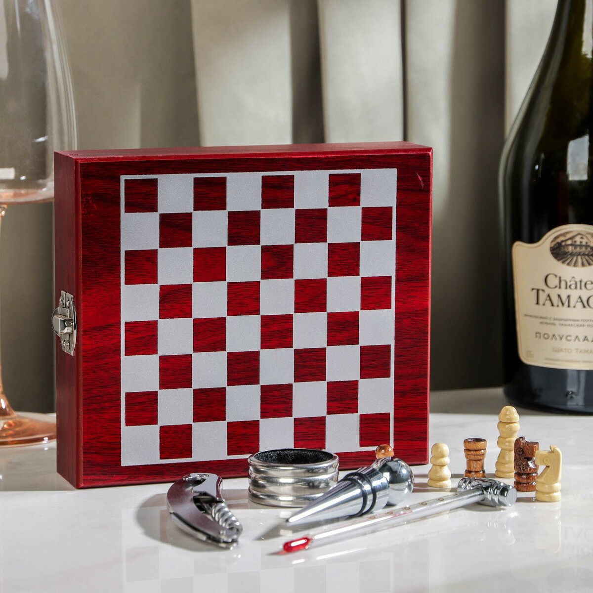 Набор для вина доляна, 4 предмета: термометр, кольцо, открывашка, пробка, шахматы в комплекте подарочный набор деревянной посуды adelica блюдо для подачи к пиву открывашка для бутылок 25×22×1 8 см 12×5×1 8 см береза
