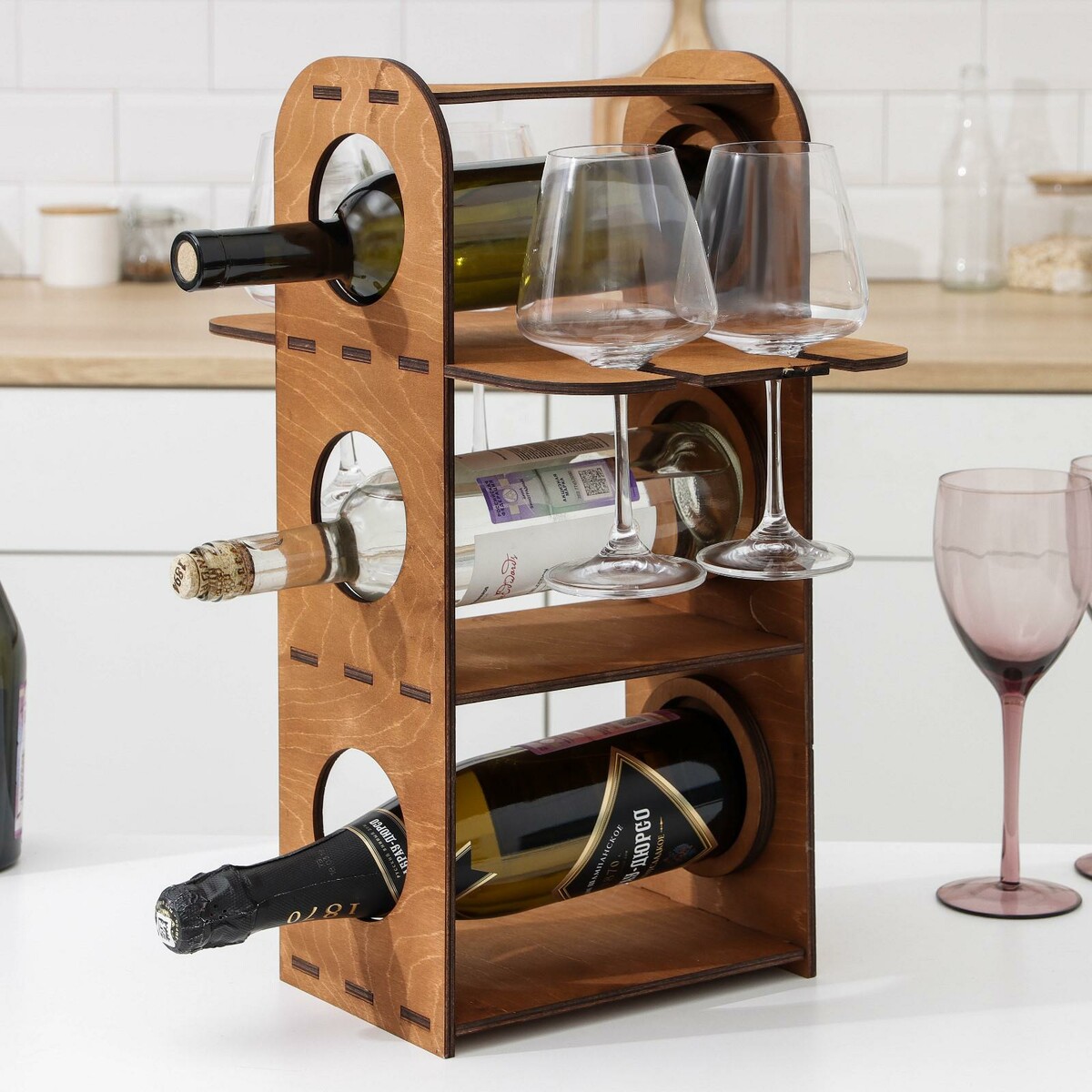 Подставка-минибар под 3 бутылки и 4 бокала, 35×23×48 см подставка для бутылки vacu vin в подарочной упаковке
