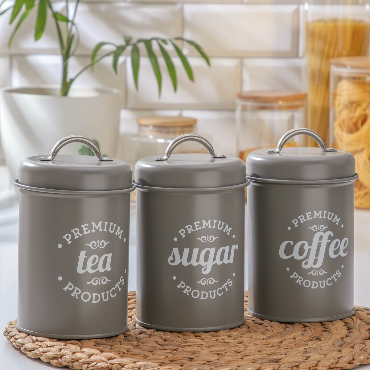 

Набор банок для сыпучих продуктов grey, 11×18 см, 3 шт, цвет серый