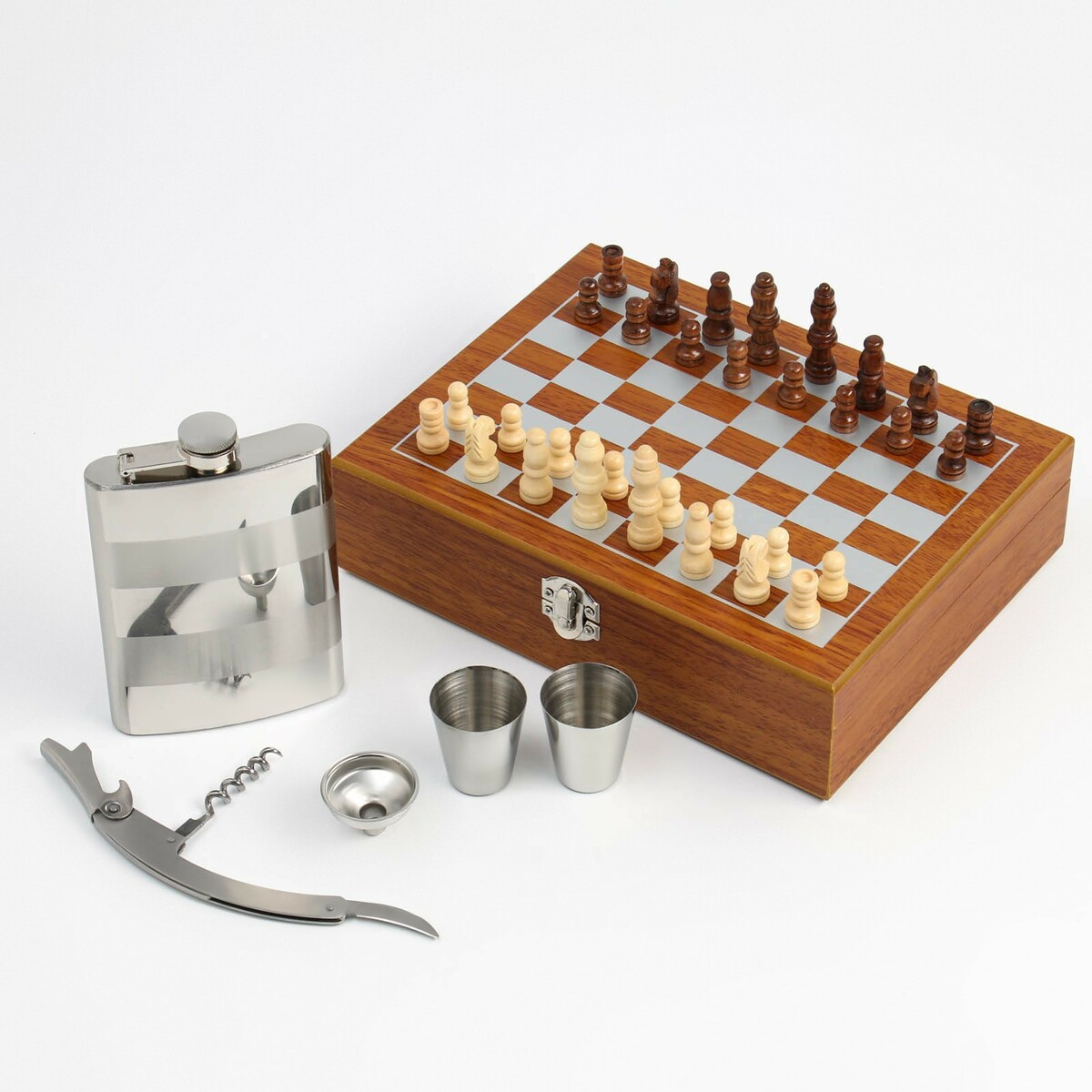 Набор 6 в 1: фляжка 8 oz, воронка, штопор, 2 стопки, шахматы набор штопор с пробкой atlantis