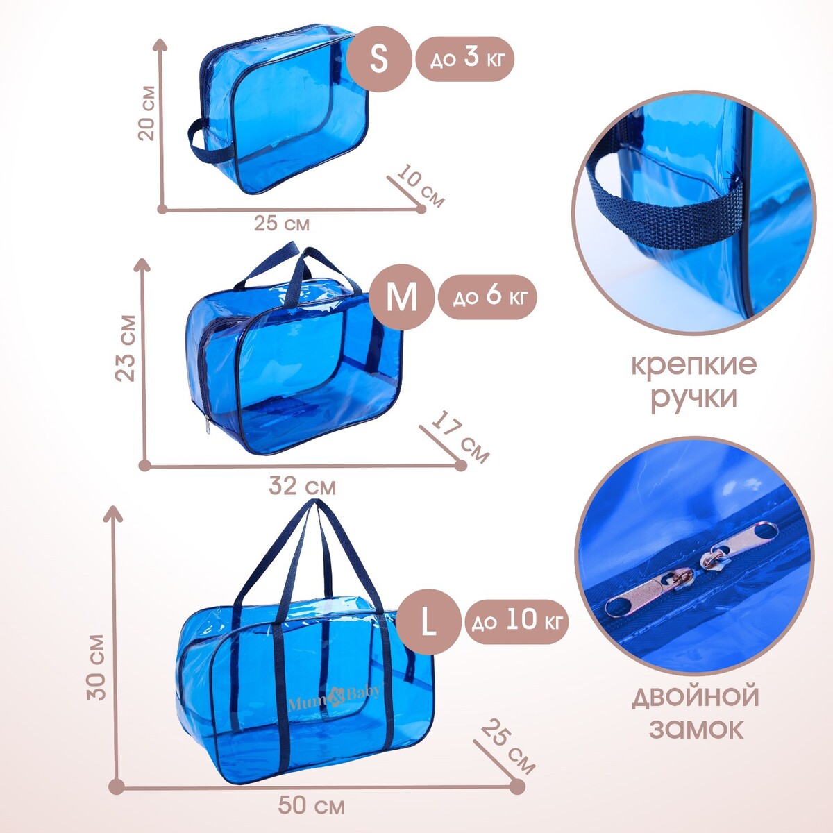 

Набор сумок в роддом, 3 шт., цвет прозрачный/синий, m&b