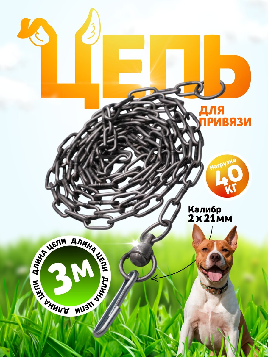 

Цепь для привязи собак, 3 м, калибр 3 х 21 мм, черная, Черный