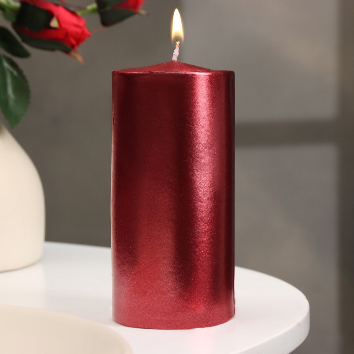 Свеча - цилиндр парафиновая, лакированная, красный металлик, 5,6×12 см свеча цилиндр с гранями 5х10 см пальмовый воск винная металлик 6 ч