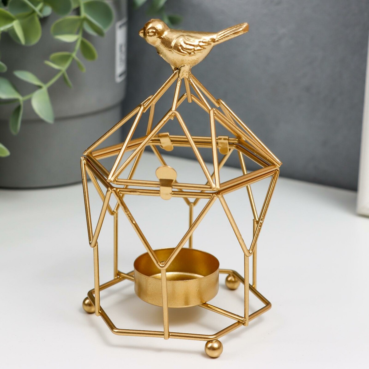 Подсвечник металл на 1 свечу декор для творчества металл золотая птичка и клетка стразы 2 4х1 5 см