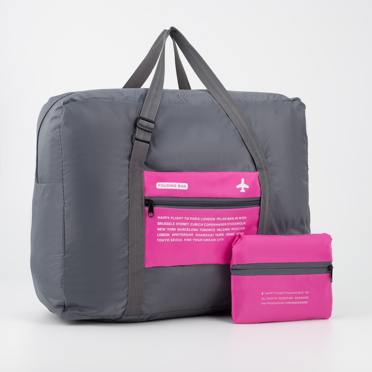 Сумка дорожная на молнии, складная в косметичку, наружный карман, цвет серый/розовый сумка спортивная авокадо на молнии наружный карман розовый