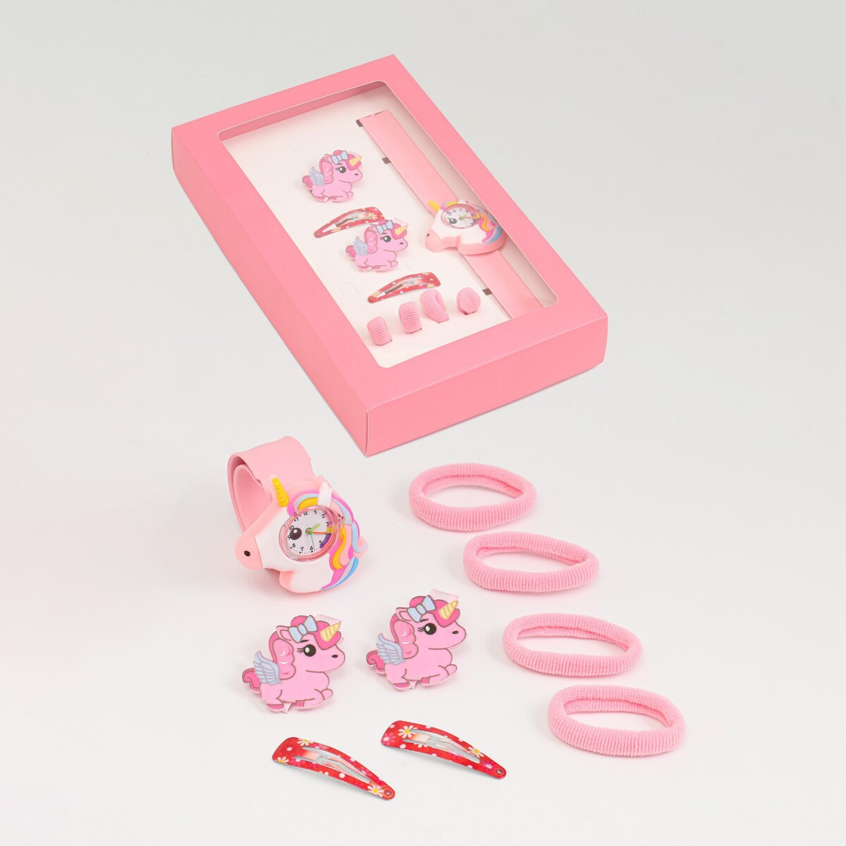 Детский подарочный набор для девочек 9 в 1: наручные часы, 4 резинки, 2 зажима, 2 заколки ночная сорочка розового а с принтом для девочек